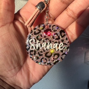 Personalized Cheetah Print Glitter Keychain | Custom Keychain | Personalized Acrylic Keychain | Bridesmaid Gifts