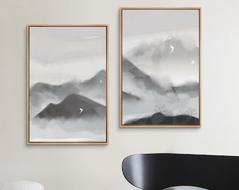 2 Piece Framed Canvas Wall Art Set, Misty Mountain Art Print, Abstract Nature Landscape Prints, Black and White Modern Art, Minimalist Decor