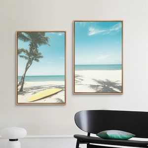 Framed Canvas Wall Art Set, Beach Surfboard Art Print, Tropical Palm Tree Prints, Nature Landscape Photography Modern Art, Coastal Decor