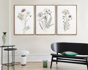 Framed Canvas Wall Art Prints Set of 3 Wildflower Botanical Floral Neutral Wall Art Minimalist Modern Farmhouse Wall Decor