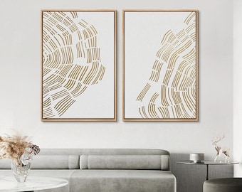 2 Piece Framed Canvas Wall Art Set, Black Gold White Abstract Tree Ring Prints, Modern Wall Art Decor, Minimalist Neutral Art Decor