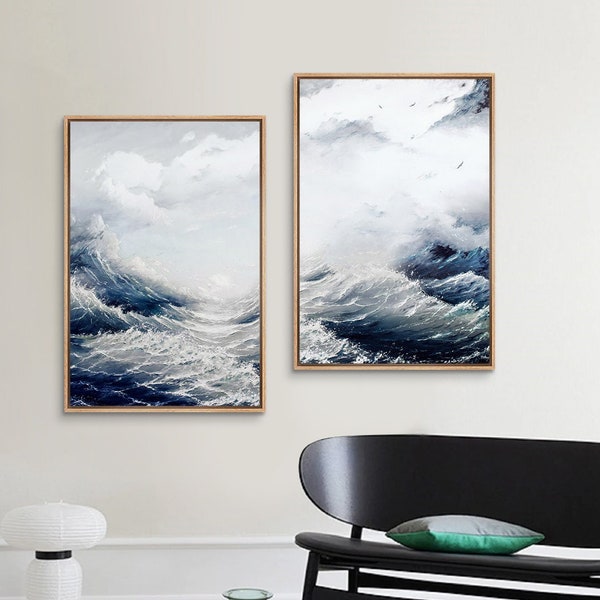 2 Piece Framed Canvas Wall Art Set, Blue Ocean Waves Art Prints, Abstract Landscape Modern Art, Coastal Room Decor