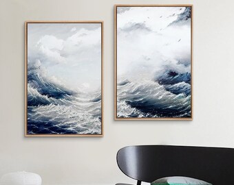 Framed Canvas Wall Art Set of 2 Abstract Ocean Waves Coastal Landscape Art Prints Minimalist Modern Wall Art Decor