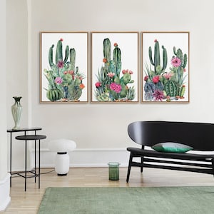 3 Piece Framed Canvas Wall Art Set, Southwest Blooming Cactus Bouquet Pictures, Floral Botanical Organic Modern Artwork, Western Decor