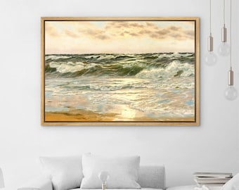 Framed Canvas Wall Art Sunset on Ocean Beach Shore Sea Green Waves Coastal Rustic Vintage Picture Pictures Print Landscape Home Decoration