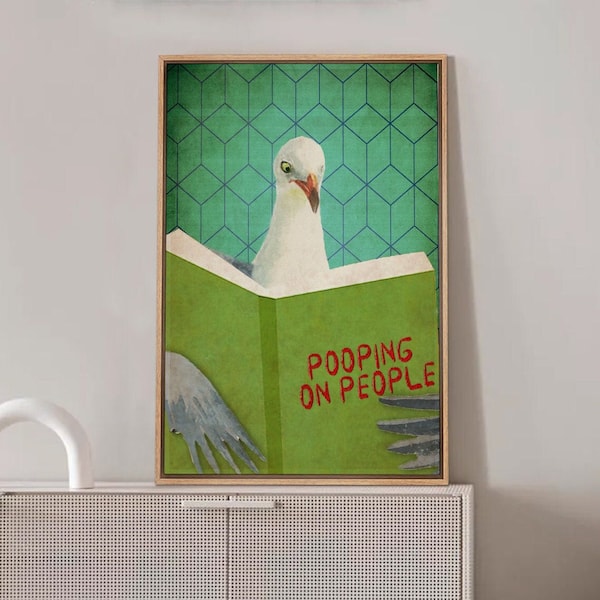 Funny Reading Pigeon Wall Art - Framed Cute Bird Canvas, Toilet Humor Bathroom Sign, Cheeky Laundry Room Decor, Trendy Gift for Animal Lover