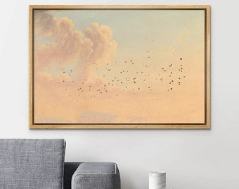 Framed Canvas Wall Art Flying Bird and Cloud in the Sky Simple Minimal Vintage Painting Print Modern Farmhouse Neutral Horizontal Home Decor