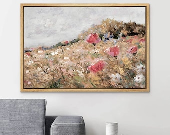 Arte de pared enmarcado en lienzo, impresión de pintura de flores silvestres, obra de arte floral botánica vintage, paisaje de naturaleza marrón, decoración rústica de casa de campo