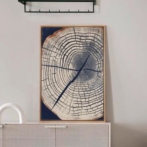 May include: A framed print of a blue and white tree ring pattern. The print is hanging on a white wall above a white cabinet with a mesh front.