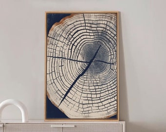 Tree Ring Art Print - Framed Navy & Tan Wood Canvas, Linton Stump Trunk in Minimalist Rustic Style for Farmhouse Decor