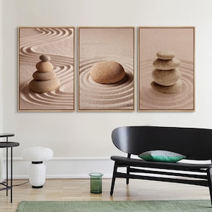 3 Piece Framed Canvas Wall Art Set, Tan Massage Stone Photography, Minimalist Modern Wall Art, Neutral Zen Home Decor