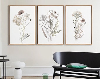 3 Piece Framed Canvas Wall Art, Minimalist Wildflower Artwork, Floral Botanical Print Set, Neutral Flower Farmhouse Wall Hanging Decor