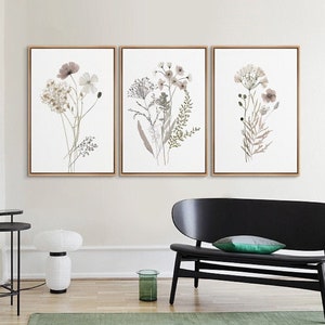 3 Piece Framed Canvas Wall Art, Minimalist Wildflower Artwork, Floral Botanical Print Set, Neutral Flower Farmhouse Wall Hanging Decor