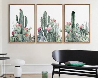 3 Piece Framed Canvas Wall Art Set, Southwest Blooming Cactus Prints, Floral Botanical Art Prints, Minimalist Modern Art, Western Decor