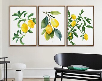 3 Piece Framed Canvas Wall Art Set, Watercolor Lemon Fruits Prints, Botanical Floral Art Prints, Minimalist Modern Art, Kitchen Wall Decor