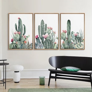 3 Piece Framed Canvas Wall Art Set, Southwest Blooming Cactus Prints, Floral Botanical Art Prints, Minimalist Modern Art, Western Decor 3 piece set