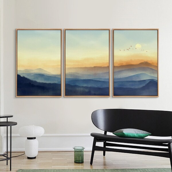 Framed Canvas Wall Art Set 3 Watercolor Yellow Sunrise Blue Mountain Abstract Nature Landscape Artwork Painting Print Minimalist Decor