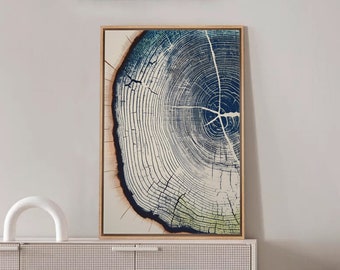 Framed Canvas Wall Art Navy Blue Wood Tree Ring Linton Stump Trunk Print Modern Organic Neutral Rustic Vintage Farmhouse Lodge Home Decor