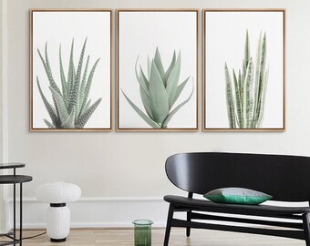 3 Piece Framed Canvas Wall Art Set, Green Succulent Plant Prints, Floral Botanical Art Prints, Minimalist Modern Wall Art Decor