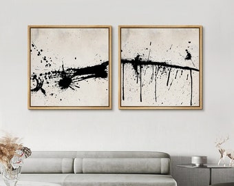 Framed Canvas Wall Art Set 2, Duotone Grunge Paint Strokes Effect, Abstract Ink Painting Print, Minimalist Modern Neutral Square Home Decor