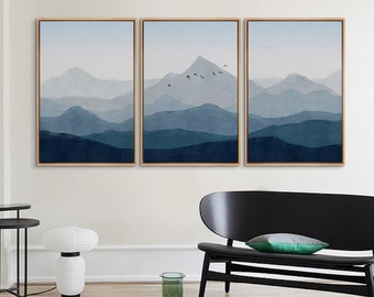 3 Piece Framed Canvas Wall Art Set, Blue Mountain Wall Art Prints, Abstract Nature Landscape Prints, Minimalist Modern Wall Art Decor