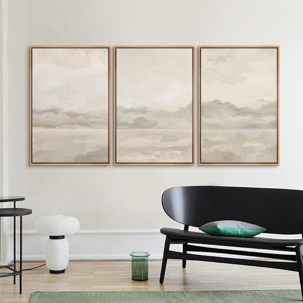 Framed Canvas Wall Art Set of 3 Abstract Beige Gray Art Prints  Sky Cloudy Minimalist Modern Neutral Wall Art Living Room Decor