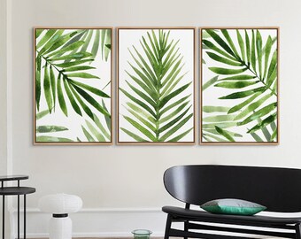 Framed Canvas Wall Art Set, Green Tropical Palm Leaf Prints, Watercolor Botanical Art Prints, Large Modern Wall Art, Minimalist Decor