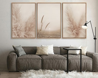 Framed Canvas Wall Art Set of 3 Floral Botanical Prints Grass Field Landscape Photography Minimalist Modern Boho Wall Art Decor Living Room