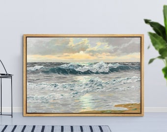 Framed Canvas Wall Art Blue Green Ocean Shore Sea Waves On Beach Coastal Artwork Rustic Vintage Picture Painting Print Landscape Wall Decor