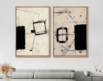 Framed Canvas Wall Art Set, Neutral Abstract Art Prints Set, Mid Century Modern Wall Art, Minimalist Art Decor, Industrial Graffiti Polygons