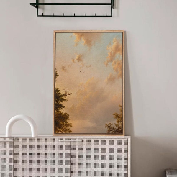 Framed Canvas Wall Art Orange Pastel Sunset Sky Clouds Tree Leaves Natural Landscape Scenery Picture Print Vintage Modern Organic Wall Decor