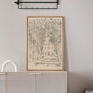 Framed Canvas Wall Art, Sketch Church Wall Art, French Country Landscape Print, Vintage Art Print, Rustic Farmhouse Wall Decor