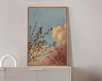 Framed Canvas Wall Art, Pink Cloud Pictures Painting Print, Vintage Country Farmhouse Landscape, Minimalist Relax/Calm Modern Home Decor
