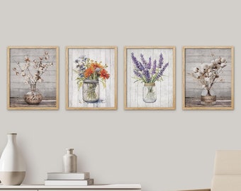 Set of 4 Framed Prints Wall Art Set, Wildflower Art Print, Floral Botanical Prints, Minimalist Modern Art, Rustic Farmhouse Wall Decor