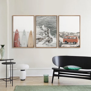 Surf & Wanderlust Trio - Framed Canvas Ocean Photography Wall Art Set, Waves, Surfboard and Travel Van, Coastal Living Room Decor