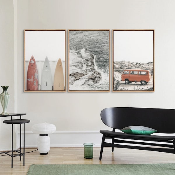 Framed Canvas Wall Art Set Surfboard Print Surf Print Road Trip Beach Landscape Ocean Photography Prints Coastal Cottage Coastal Room Decor