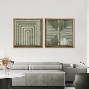 Lienzo enmarcado para pared (2 piezas), obra de arte geométrico de laberinto bitono, impresión abstracta verde neutro, decoración de pared moderna minimalista.