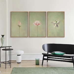 3 Piece Framed Canvas Wall Art Set Green Lotus Blossom Plant Floral Botanical Art Prints Minimalist Modern Wall Art Decor