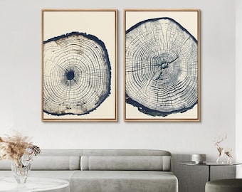 2 Piece Framed Canvas Wall Art Set, Navy Blue Wood Tree Ring Art Prints, Minimalist Art, Modern Tree Stump Decor, Neutral Eclectic Prints