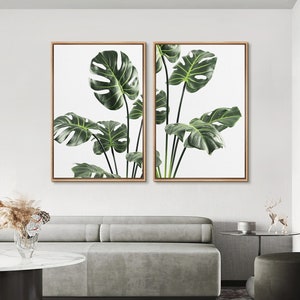 Framed Canvas Print Wall Art Set of 2 Green Tropical Monstera Leaf Mid-Century Modern Plants Floral Botanical Art Minimalist Boho Decor
