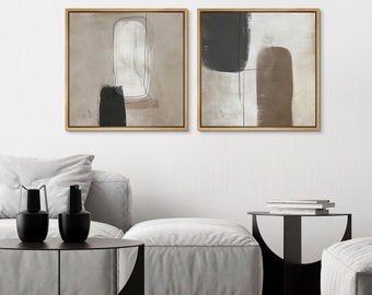 Framed Canvas Wall Art Set of 2 Abstract Black Beige Brown Tan Painting Print Minimalist Modern Neutral Wall Art Living Room Decor