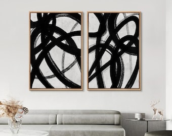 Framed Canvas Wall Art Set, Black and White Paint Ring, Abstract