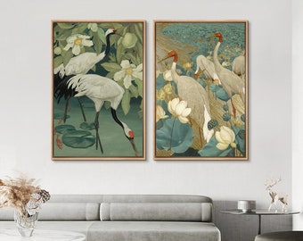 Framed Canvas Wall Art Set of 2 Green Cranes Wade in Lotus Pool Art Prints Bird Animal Giclee Print Gallery Wrap Modern Wall Decor
