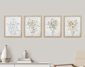 Set of 4 Framed Prints Wall Art Set, Watercolor Wildflower Art Print, Floral Botanical Prints, Minimalist Modern Art, Boho Wall Decor