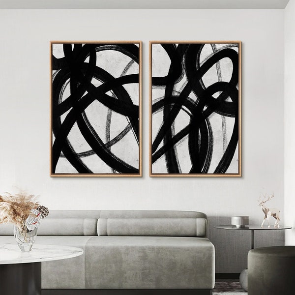 Framed Canvas Wall Art Set, Black and White Paint Ring, Abstract Decor, Mid Century Art Print, Minimalist Art, Geometric Shape Print