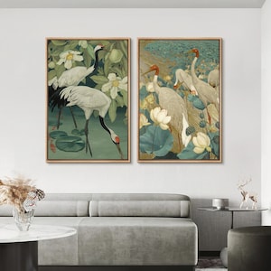 Framed Canvas Wall Art Set of 2 Green Cranes Heron Wade in Lotus Pool Art Prints Bird Animal Giclee Print Gallery Vintage Wall Decor