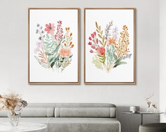 Conjunto de arte de pared de lienzo enmarcado de 2 piezas, impresión de arte de flores silvestres de acuarela, impresiones botánicas florales, arte moderno minimalista, decoración de pared boho