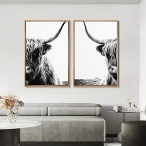 2 Piece Framed Canvas Wall Art Set, Black & White Highland Cow Wall Art, Animal Photography Prints, Minimalist Modern Farmhouse Decor