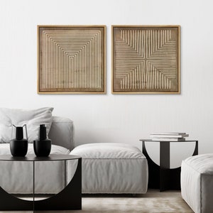 Framed Canvas Wall Art Set of 2 Abstract Beige Brown Geometric Line Art ...