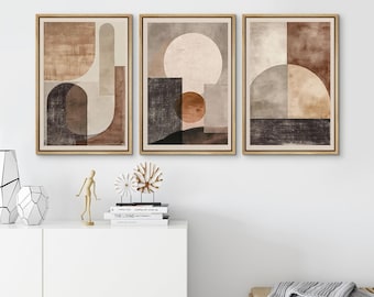 3 Pieces Framed Canvas Wall Art Prints Abstract Beige Brown Geometric Shapes Artwork Minimalist Modern Neutral Wall Art Decor